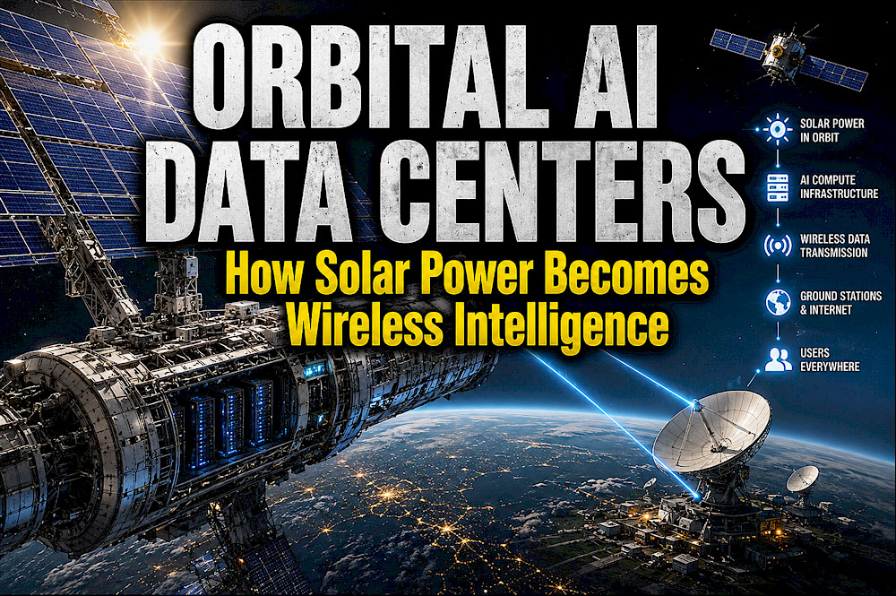 Large orbital Ai compute infrastructure powered by solar panels in space transmitting wireless data between Earth and orbit